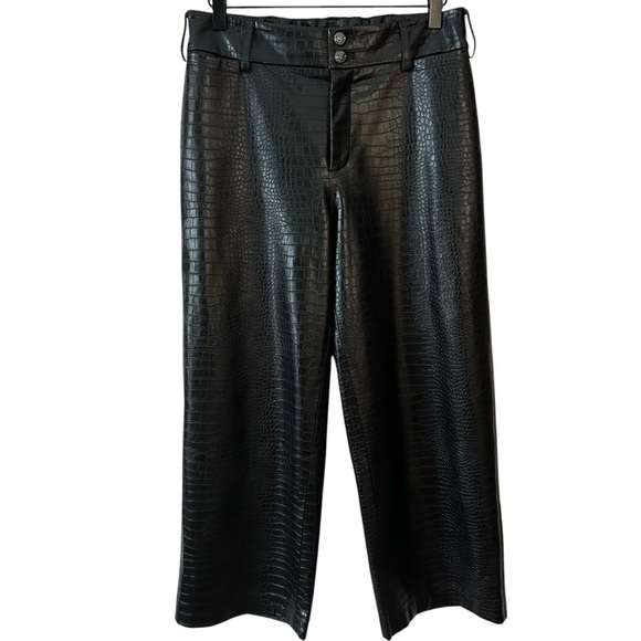 Chico's Womens Cropped Wide Leg Black Pants Crocodile Embossed Faux Leather Edgy - Picture 1 of 8